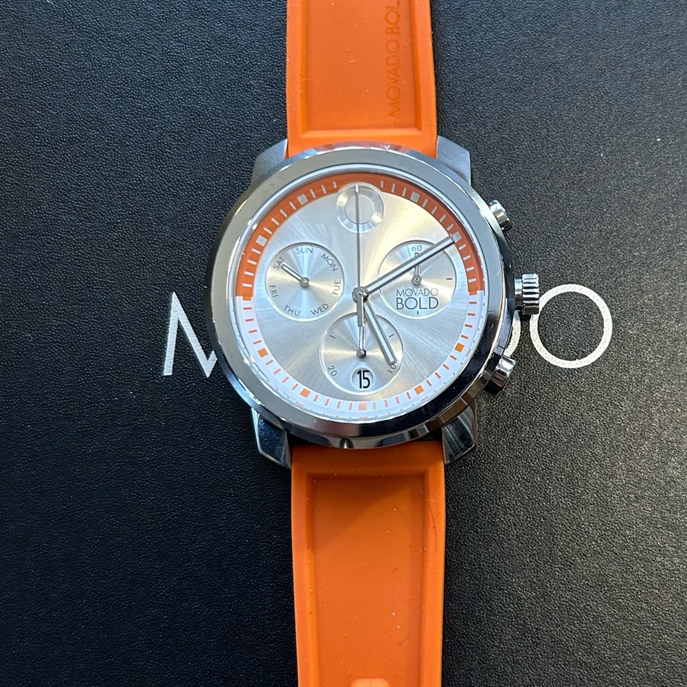 Movado Bold Trend Propel Watch With 44mm Silver Face & Orange Silicon Band